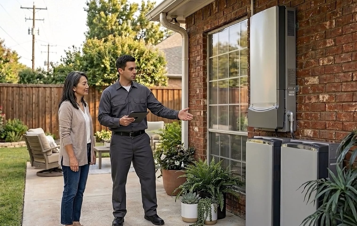 Homeowner receiving a backup battery consultation